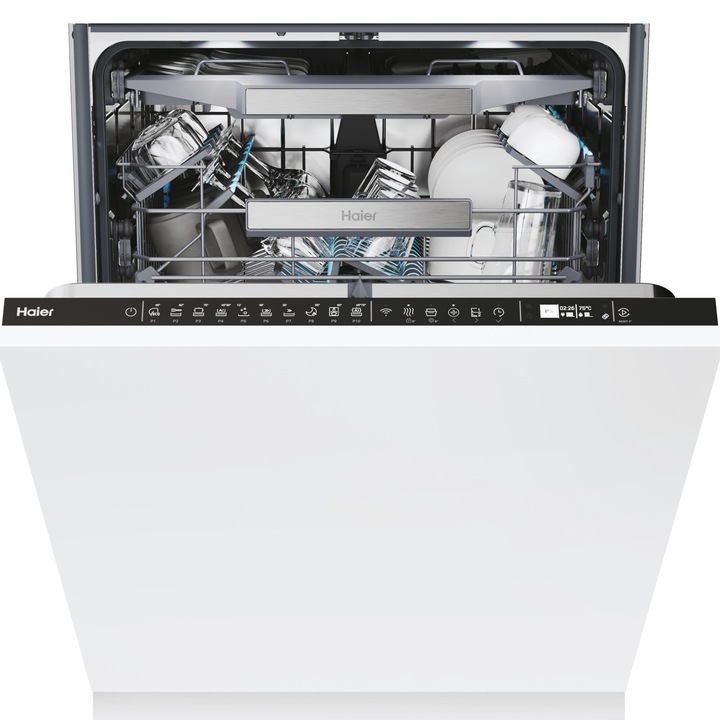 Masina de spalat vase incorporabila Haier XI 6B0M3PB, 16 seturi, 10 programe, 3 cosuri, Clasa B, Motor inverter, Wifi, Aqua Stop, Automatic Open Door, H-Spray, 60 cm