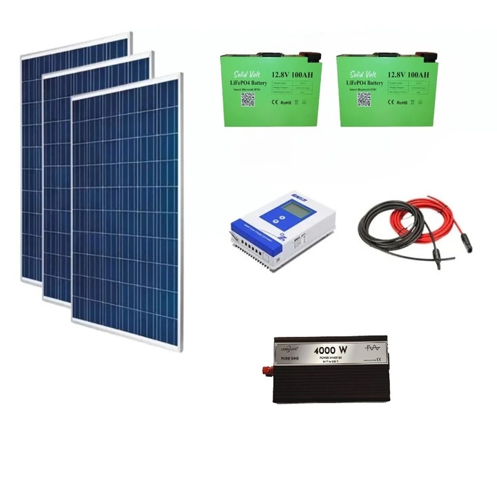 Sistem fotovoltaic OFF-GRID complet 840 W 24 V, 3 panouri fotovoltaice policristaline 280W, baterii LiFePO4 100Ah, invertor SINUS PUR 4000W, regulator/controller solar Easun 40A, cabluri, Solid Volt