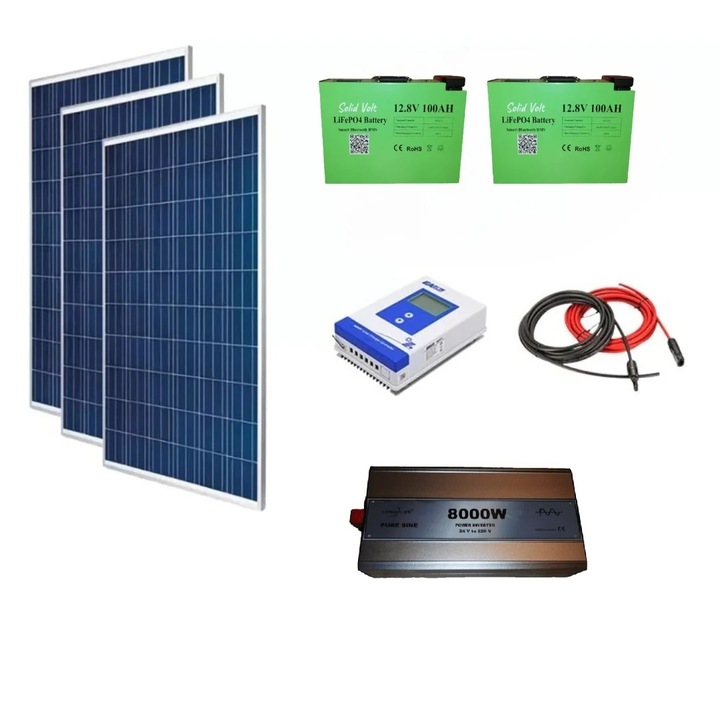Sistem fotovoltaic OFF-GRID complet 840 W 24 V, 3 panouri fotovoltaice policristaline 280W, baterii LiFePO4 100Ah, invertor SINUS PUR 8000W, regulator/controller solar Easun 40A, cabluri, Solid Volt