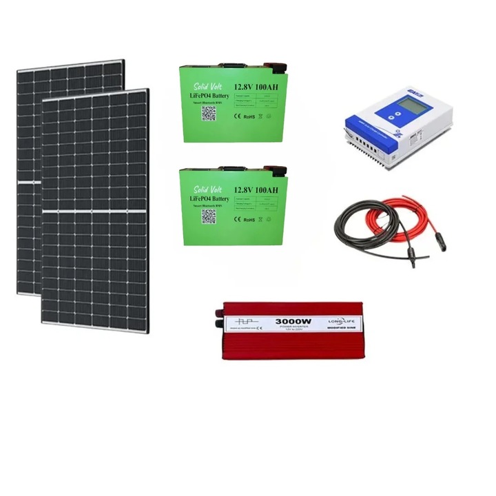Sistem fotovoltaic OFF-GRID complet 910 W 24 V, 2 panouri fotovoltaice 455W, baterii LiFePO4 100Ah, invertor 3000W, regulator/controller solar Easun 40A, cabluri, Solid Volt