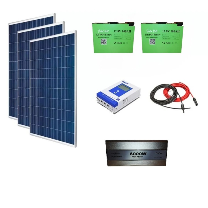 Sistem fotovoltaic OFF-GRID complet 840 W 24 V, 3 panouri fotovoltaice policristaline 280W, baterii LiFePO4 100Ah, invertor SINUS PUR 6000W, regulator/controller solar Easun 40A, cabluri, Solid Volt