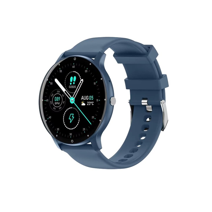 Ceas Smartwatch Albastru Rotund, compatibil iOS/Android, Bluetooth 5.0, Asistent vocal AI, Monitorizare somn/fitness/ritm cardiac/calorii/respiratie, memento de apel, raspuns la apel, mesaj push, notificari retele sociale