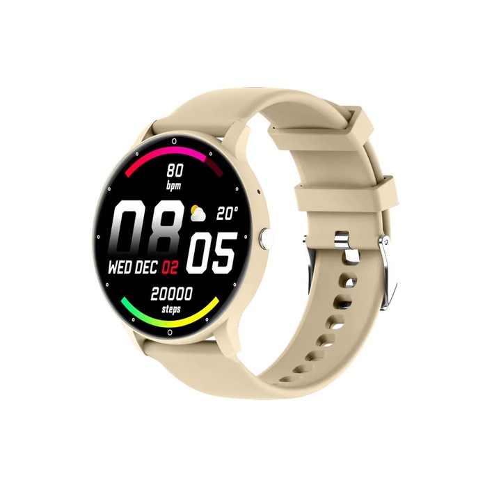 Ceas Smartwatch Crem Rotund, compatibil iOS/Android, Bluetooth 5.0, Asistent vocal AI, Monitorizare somn/fitness/ritm cardiac/calorii/respiratie, memento de apel, raspuns la apel, mesaj push, notificari retele sociale