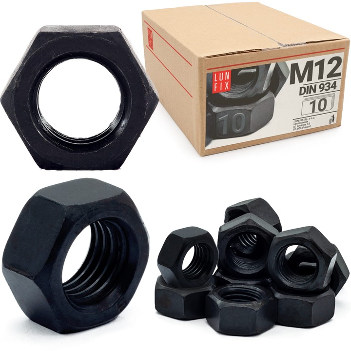 Piulita hexagonala M12 Lun Fix, DIN 934, clasa 10, neagra, 10buc