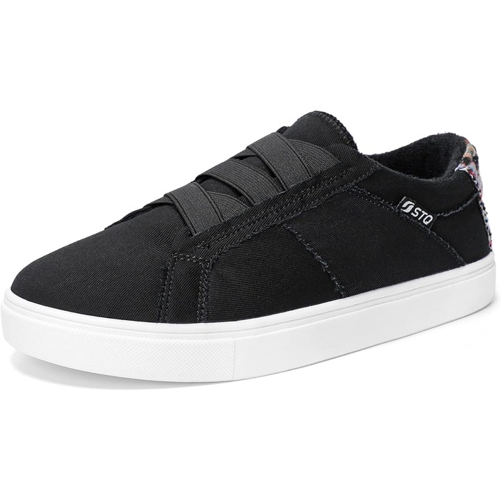 Tenisi din panza, STQ, casual, cu detaliu, sireturi elastice, moi si confortabili, Negru, Negru