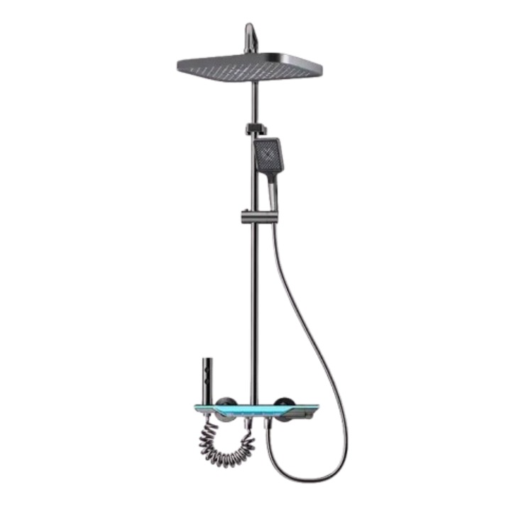 Set de dus, SanLux, AquaVision, Negru, 4 moduri de pulverizare, control termostatic