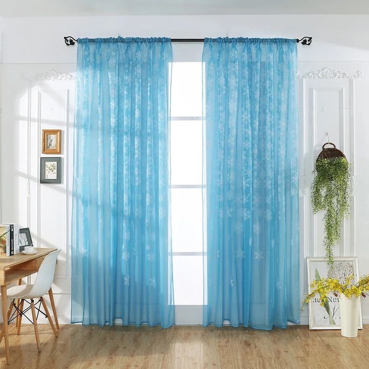 Cortina de fereastra tulle cu fulgi de zapada, 100cm x 200cm, multicolor, set 1 bucata