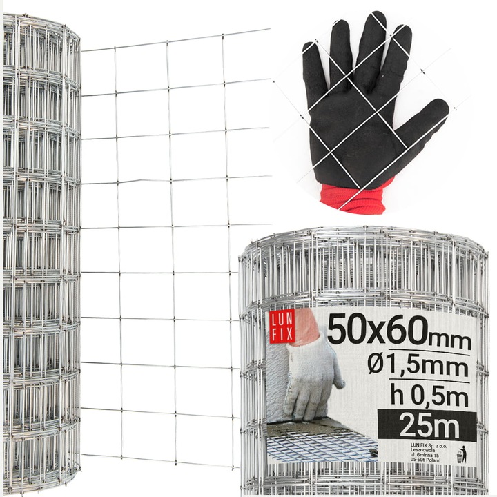 Plasa de armare, 50x60mm, Lun Fix, otel zincat, 0,5m x 25m