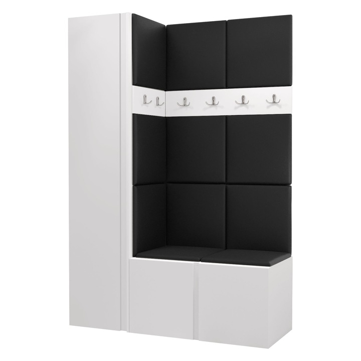 Mobilier pentru hol Tavasz IX, MIRJAN24, alb + piele ecologica negru, 46x186x124 cm