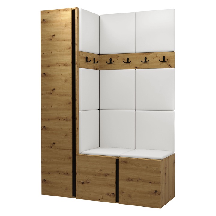 Mobilier pentru hol Tavasz IX, MIRJAN24, stejar artisan + piele ecologica alb, 46x186x124 cm