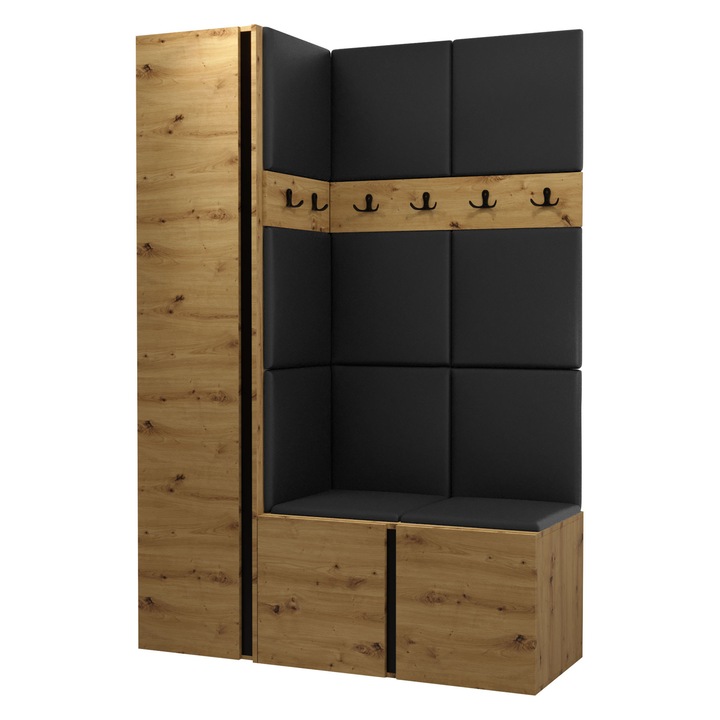 Mobilier pentru hol Tavasz IX, MIRJAN24, stejar artisan + piele ecologica negru, 46x186x124 cm