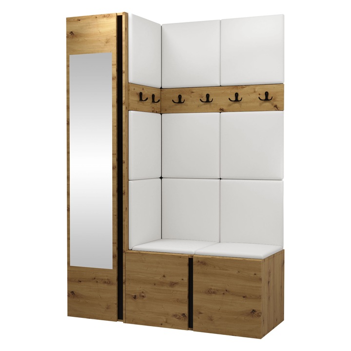 Mobilier pentru hol Tavasz X, MIRJAN24, stejar artisan + piele ecologica alb, 46x186x124 cm