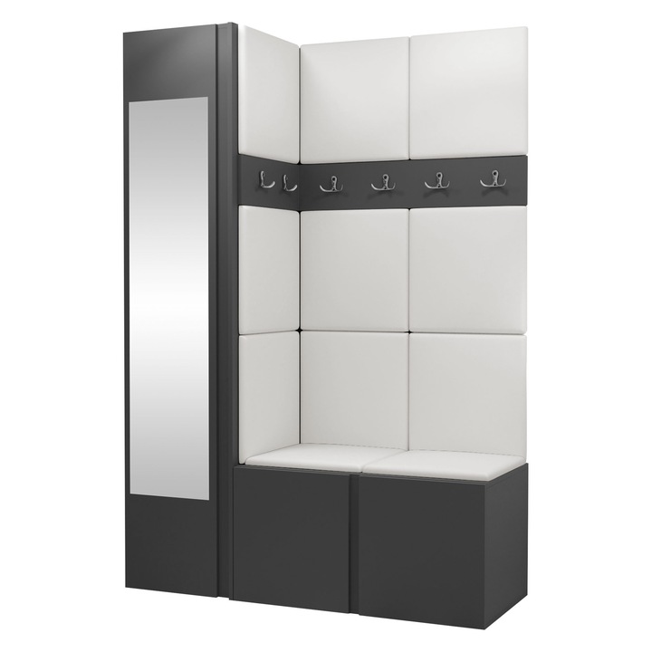 Mobilier pentru hol Tavasz X, MIRJAN24, grafit + piele ecologica alb, 46x186x124 cm