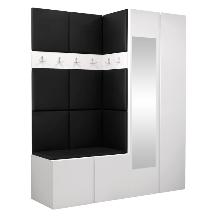 Mobilier pentru hol Tavasz XII, MIRJAN24, alb + piele ecologica negru, 46x186x158 cm