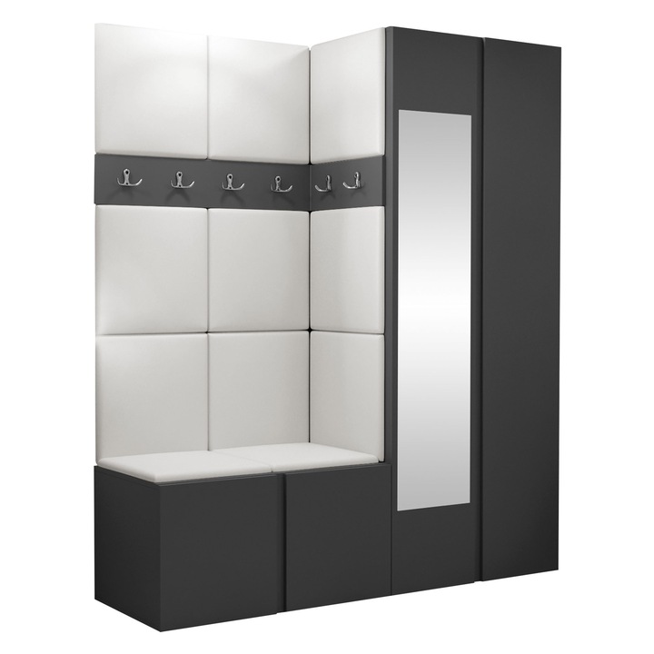 Mobilier pentru hol Tavasz XII, MIRJAN24, grafit + piele ecologica alb, 46x186x158 cm