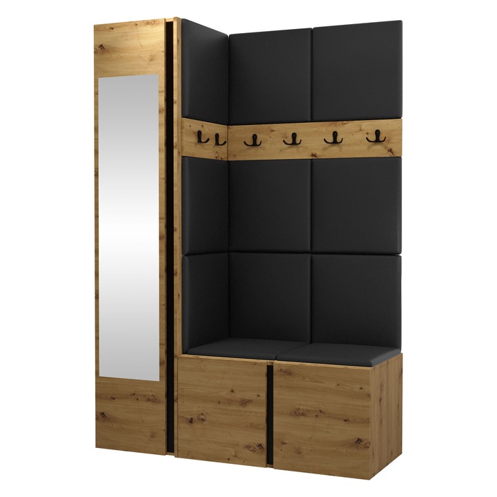 Mobilier pentru hol Tavasz X, MIRJAN24, stejar artisan + piele ecologica negru, 46x186x124 cm