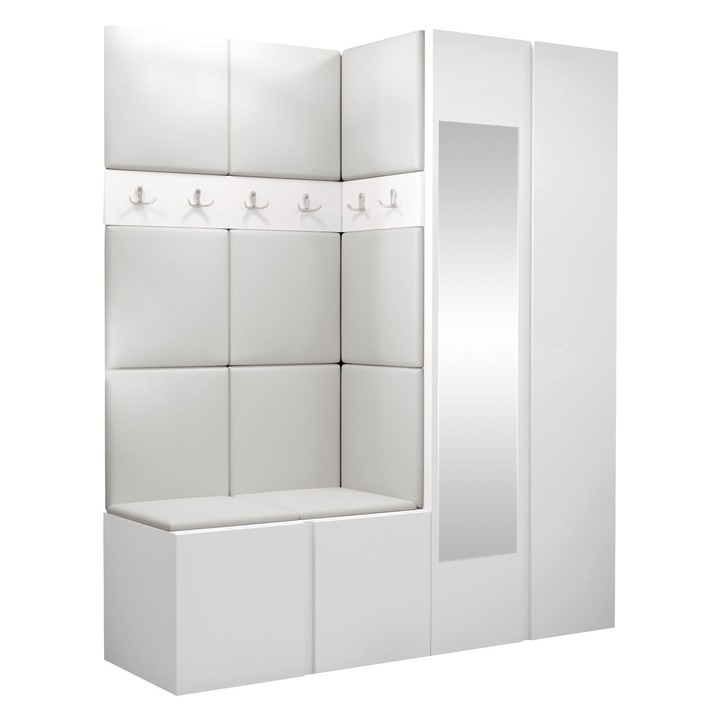 Mobilier pentru hol Tavasz XII, MIRJAN24, alb + piele ecologica alb, 46x186x158 cm