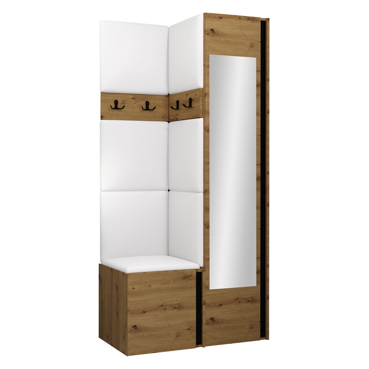 Mobilier pentru hol Tavasz XXV, MIRJAN24, stejar artisan + piele ecologica alb, 46x186x82 cm
