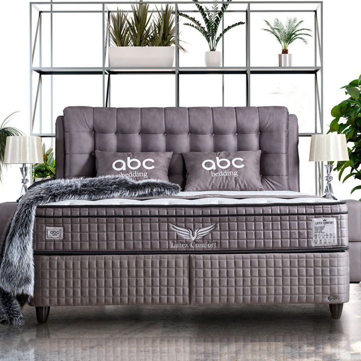 Pat Tapitat Gri Lateks Comfort 160x200 cm, Somiera Rabatabila, Lada Depozitare, Mufa USB - Design Modern & Functional