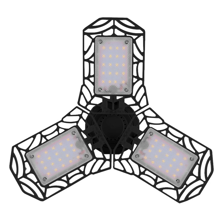 Lampa LED cu 3 Brate Mobile Teno®, 3 aripi pliabile, 36 LED-uri, flux luminos 3000LM, lumina alba rece 6000-6500K, bec iluminare pentru interior garaj/depozit/atelier, negru
