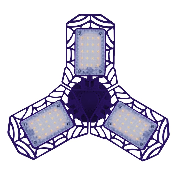 Lampa LED cu 3 Brate Mobile Teno®, 3 aripi pliabile, 36 LED-uri, flux luminos 3000LM, lumina alba rece 6000-6500K, bec iluminare pentru interior garaj/depozit/atelier, albastru