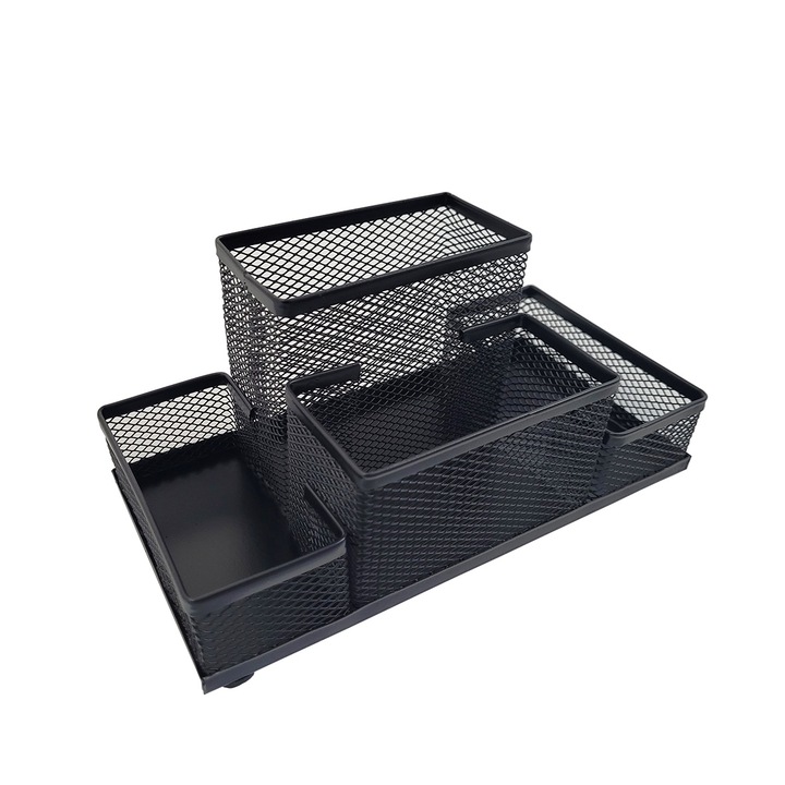 Suport accesorii de birou 4 compartimente, plasa metalica tip Mesh, negru