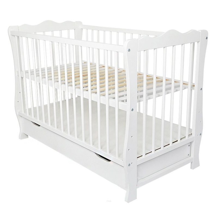 Patut din lemn masiv 120x60 cm Isla alb cu sertar, include saltea cocos LUX 120x60x12 cm