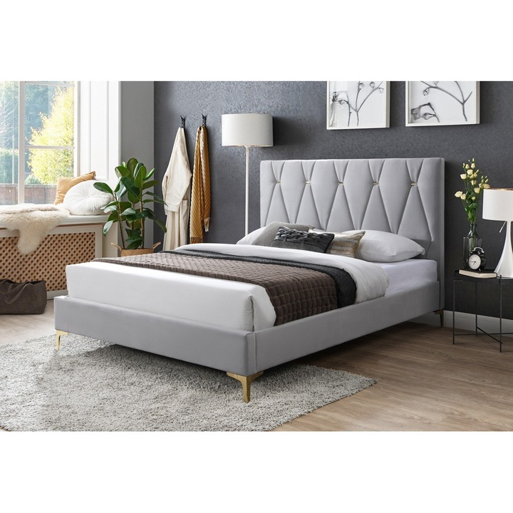 Pat tapitat Mervine, 160x200, cadru din lemn cu somiera fixa, culoare Gri