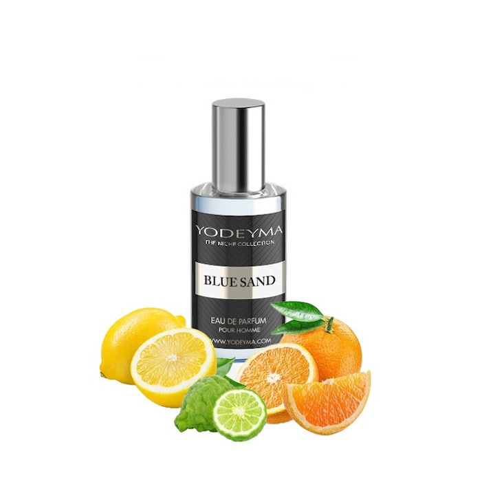 Yodeyma Blue Sand Mini Apa de parfum pentru barbati, nuante de portocala, lamaie, bergamota, pentru barbatul energic si dinamic, 15ml