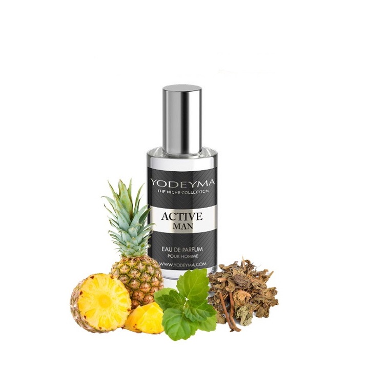 Yodeyma Active Man Eau de Parfum férfiaknak, ananász, pacsuli és szilva moha árnyalatai, harmonikusan ötvözi az élénk frissességet a fás és földes jegyekkel, 15 ml