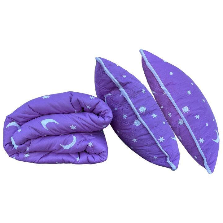 Pachet Pilota matlasata 180x200 cm si 2 perne 50x70 cm, model Luna si Stele, Mov