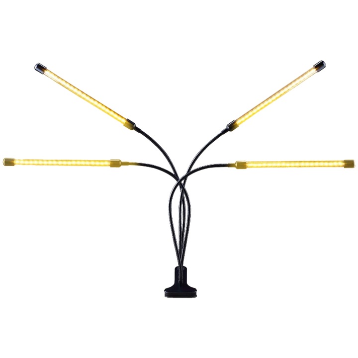 Lumina de crestere a plantelor, 36W, 4 lampi, 3 temporizari, 3 luminozitati, USB, spectru complet, rasad de sera, negru