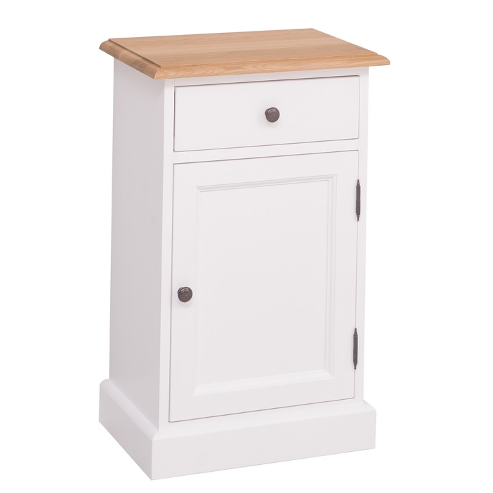 Noptiera cu 1 usa si 1 sertar, blat stejar, culoare corp alb P004, culoare blat maro deschis P061, dublu color, 100% lemn masiv, 47x74x32 cm