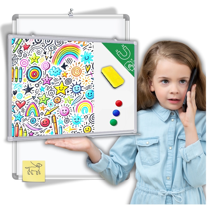 Tabla Magnetica Alba GALAXIA® 60x40 cm, Rama din Aluminiu, Tava Glisanta, pentru Birou, Scoala si Casa