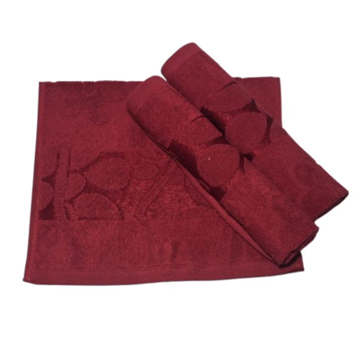 Комплект кърпи за лице, Памук, 3D флорален мотив, 420g/m², Бордо, 50x90cm, 3 части