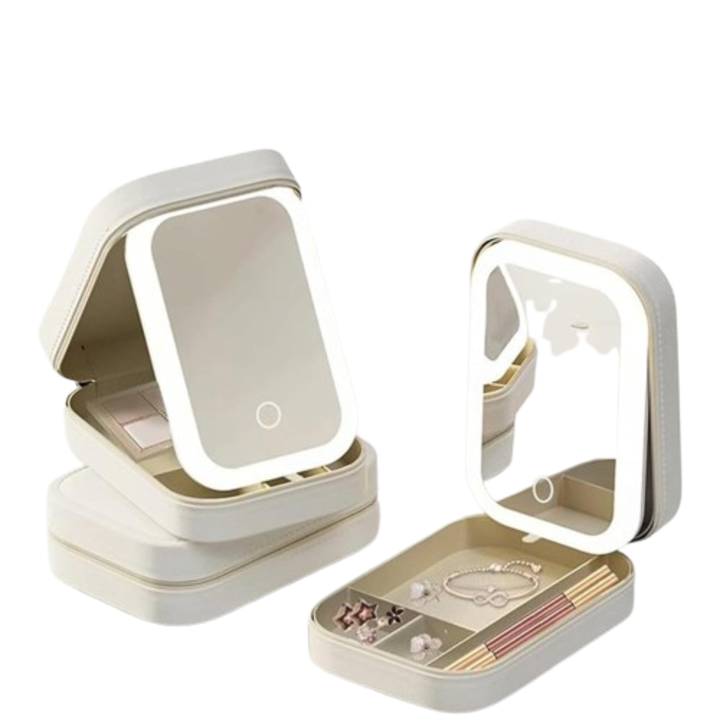 Portfard din piele ecologica, Seraphine, cu oglinda LED pentru machiaj, 3 nivele de intensitate a luminii, baterie de 1200 mAh, incarcare USB, cu 4 compartimente, Alb