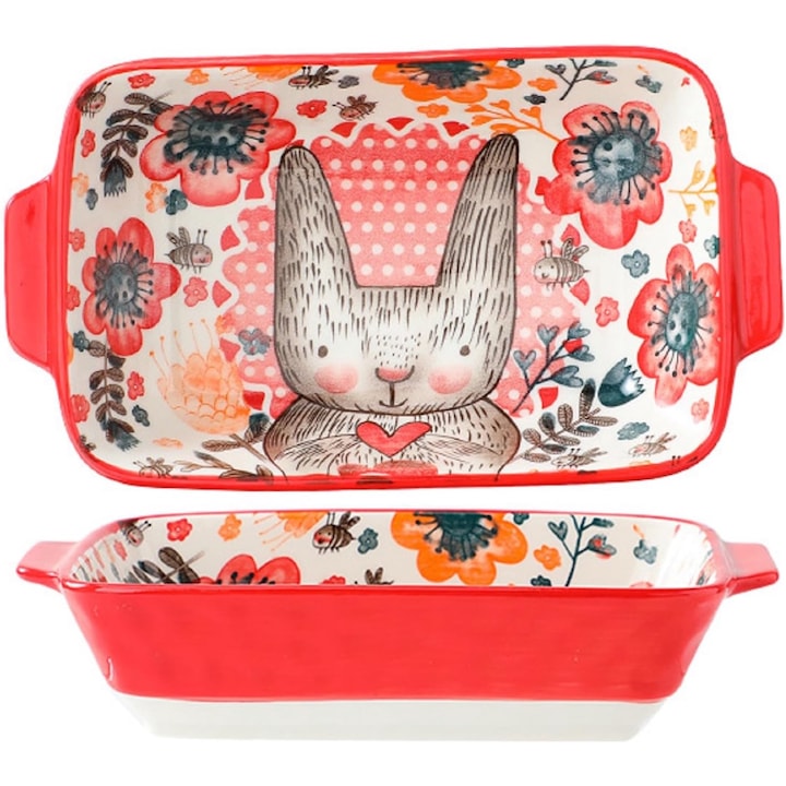 Tava de copt dreptunghiulara din ceramica, Imprimeu Iepuras, 22 x 12.3 x 5 cm, Rosu