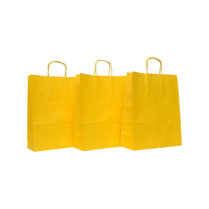 Set 10 bucati sacosa cu maner rasucit, din Hartie Kraft Albit, Fonta Galben, dimensiuni 32x12x41 cm