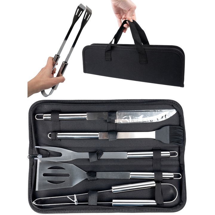 Set Ustensile Pentru Gratar, Maltec, Curron, Otel Inoxidabil, 5 Piese, Manere Ergonomice, Etui Elegant Cu Manere, Rezistent La Rugina Si Temperaturi Ridicate, Negru/Argintiu