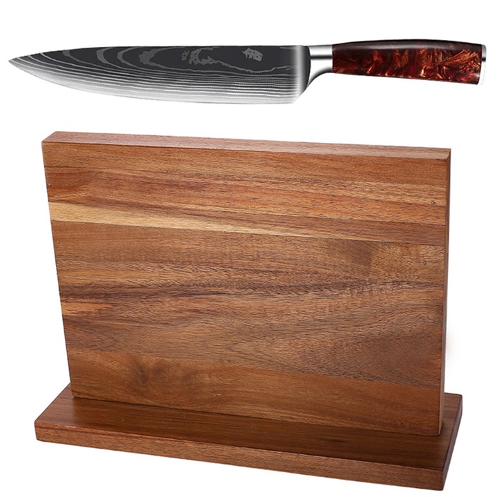 Cutit profesional, cu suport magnetic cutite, cutit bucatar, din otel inoxidabil, cu duritate HRC 62+, calire cu laser, ergonomic, maner Deluxe Pakka, cu aspect elegant de Damasc, pentru bucatarie si macelarie, cutie prezentare, OptimStar®