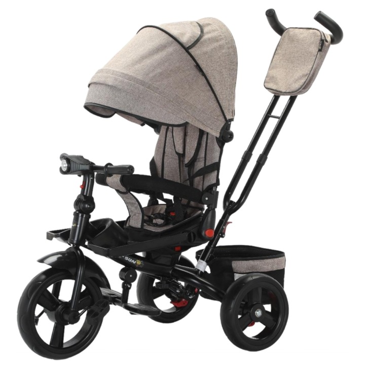 Tricicleta cu scaun reversibil Still, de la 6 luni la 5 ani, cu pozitie de somn, roata Eva plina, siliconata, bej