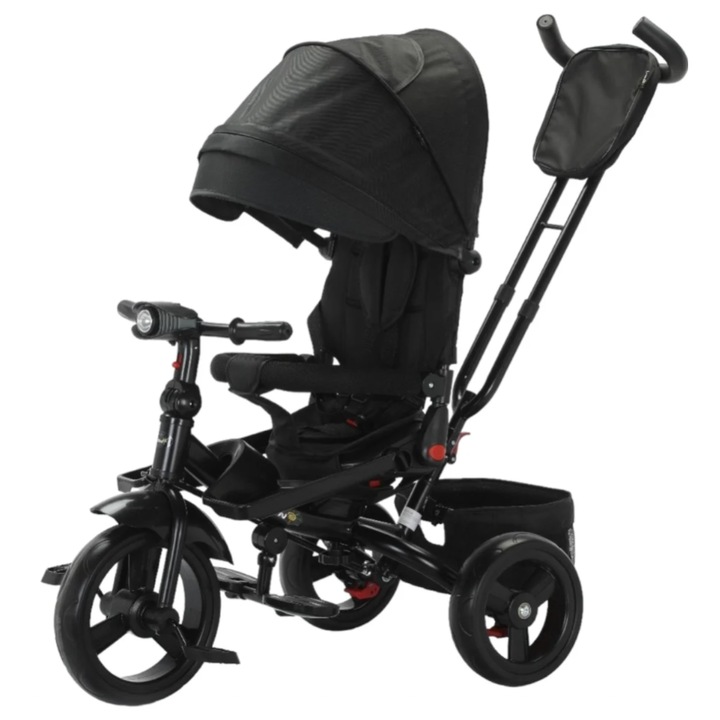 Tricicleta cu scaun reversibil Still, de la 6 luni la 5 ani, cu pozitie de somn, roata Eva plina, siliconata, negru