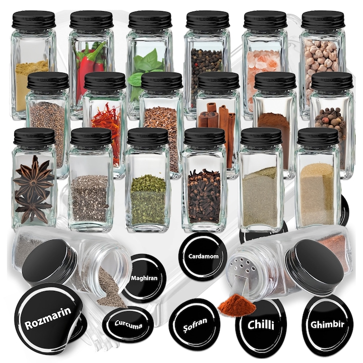 Set 24 Recipiente Condimente GALAXIA® – Organizator Bucatarie, Borcane Sticla, 120 ml, 72 Etichete Incluse
