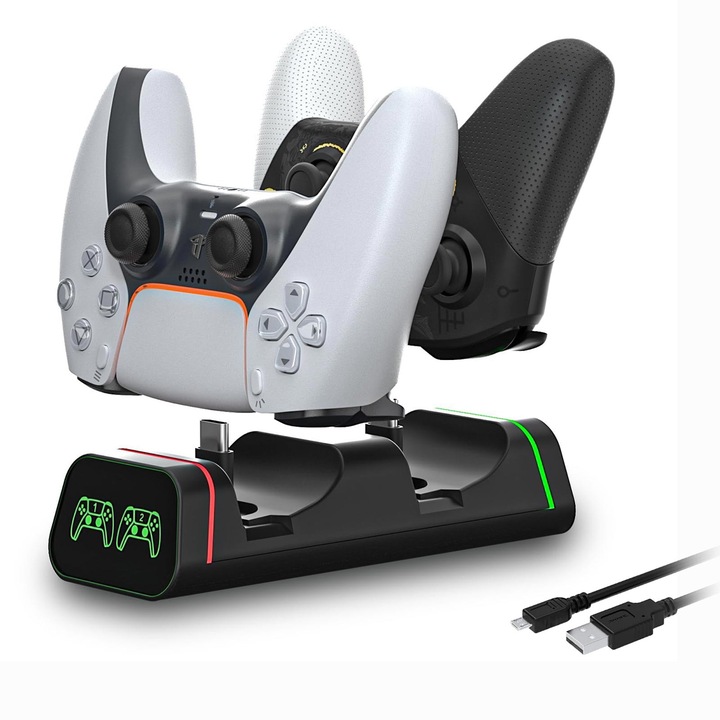 Set statie dubla de incarcare, compatibila cu Xbox Series S/X, PlayStation 5, compact, Cu indicator LED display, convenabil, OUYLAF, Negru