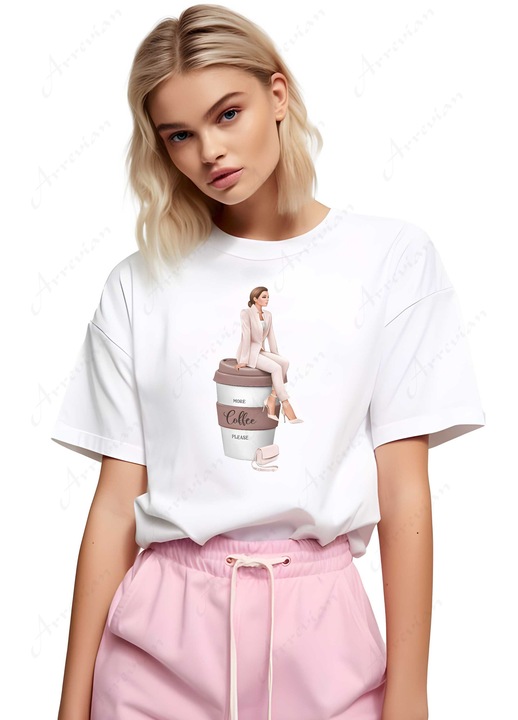 Tricou dama, Mai multa cafea, More Coffe Please, Alb