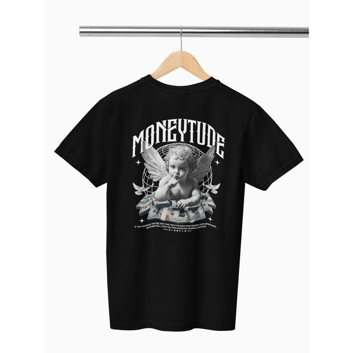 Tricou personalizat Money Tude, Baby Angel, negru, oversize, marime XL