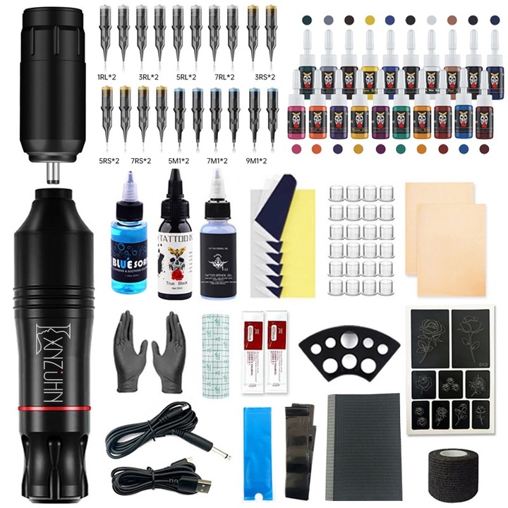 Set aparat de tatuat, LXNZUHN®, 20 culori, 30 ML, piele de practica, 25 cupe colorate, negru, 23.5x13.5x16.5cm