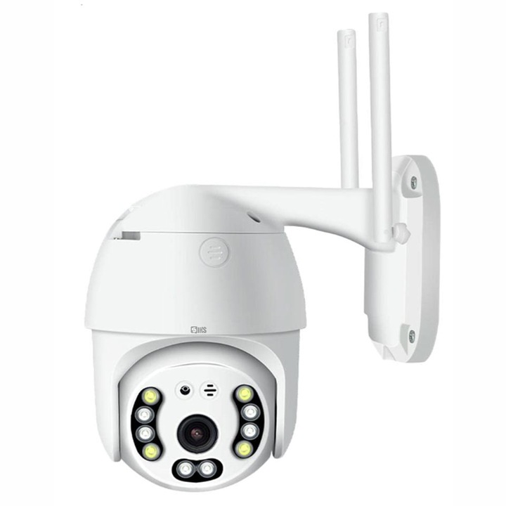 SIKS WIFI камера за видеонаблюдение, 8 MP, външна/вътрешна IP66, глас, аларма, 4 X увеличение, въртене, LED светлини, двупосочна комуникация, карта/облачно съхранение, сензор за откриване на движение, телефонна връзка, бял