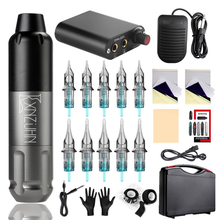 Комплект машина за татуиране, алуминий, 10 игли, кутия с инструменти, дигитално захранване, 27x22x7.5cm, черно-сиво