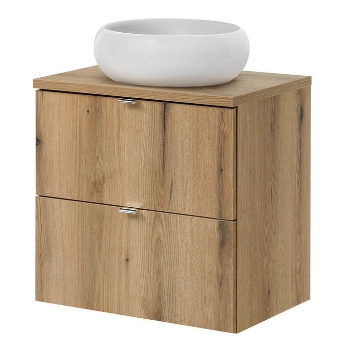 Set dulap baie cu lavoar rotund, en.casa, 56 Newport, 60, 4x71, 5x40 cm, pal, mdf, ceramica, efect lemn stejar